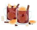 Red mulled wine in a Cup with orange slices, cinnamon, cloves and a tub. Winter alcoholic drink