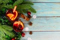 Red mulled wine glasses decorated table - Christmas mulled wine delicious holiday like parties with orange cinnamon star anise Royalty Free Stock Photo