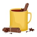 Red mulled wine in a yellow Cup with cinnamon sticks, cloves and a tub. Winter alcoholic drink