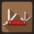 Red multifunction knife icon, flat style