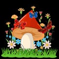 Red mushroom against the background of a night flowering meadow and butterflies. Cartoon flat style. Landscape