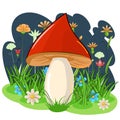 Red mushroom on the background of a night flowering meadow. Cartoon flat style. Landskape Wildflowers and grass