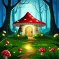 A red mushroom house is surrounded by lush green forest Royalty Free Stock Photo