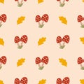 Red mushrooms seamless pattern. Autumn doodle background. Fall graphic cute print Vector wallpaper