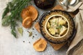 Red mushrooms with stewed potatoes, sour cream and spices Royalty Free Stock Photo