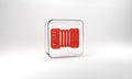 Red Musical instrument accordion icon isolated on grey background. Classical bayan, harmonic. Glass square button. 3d Royalty Free Stock Photo