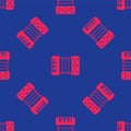 Red Musical instrument accordion icon isolated seamless pattern on blue background. Classical bayan, harmonic. Vector Royalty Free Stock Photo