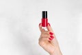 red nail polish bottle in a female hand with red manicure. hand skin care concept Royalty Free Stock Photo