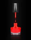 Red nail polish dripping from brush into bottle on black Royalty Free Stock Photo