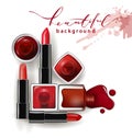 Red nail Polish drops in with red lipstick. Template Royalty Free Stock Photo