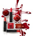 Red nail Polish drops in with red lipstick. Template Royalty Free Stock Photo