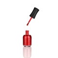 Red nail polish glass bottle, brush & mirror reflection white background isolated close up, open varnish package & shadow, lacquer Royalty Free Stock Photo