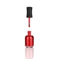 Red nail polish glass bottle, brush & mirror reflection white background isolated close up, open varnish package & shadow, lacquer Royalty Free Stock Photo