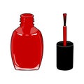 Red nail polish in open flagon and drop beside. Isolated vector. Hand drawing. Vector illustration.