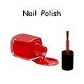 Red nail polish in open flagon and drop beside. Isolated vector. Hand drawing. Vector illustration