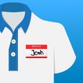 Red name tag sticker HELLO my name is on polo shirt. Royalty Free Stock Photo
