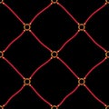 Red Nautical Ropes and Golden Chain Links Diagonal Diamond on Black Background Vector Seamless Pattern.Trendy Net Print