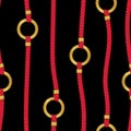 Red Nautical Ropes and Golden Chain Links Stripes on Black Background Vector Seamless Pattern.Trendy Marine Print