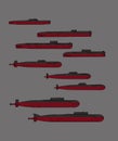 Red navy. Set of silhouettes of soviet guided missile submarines.