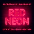 Red neon alphabet font. Simple light bulb letters and numbers. Royalty Free Stock Photo