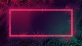 Red neon border, futuristic square frame, with dark gradient space, cyber design with tropical palm leaves