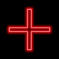 Red neon cross on a black background. One object. Plus sign