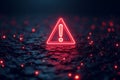 A red neon exclamation point triangle glows on a dark textured surface backdrop Royalty Free Stock Photo