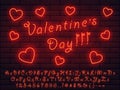 Red neon font set with hearts for saint valentine`s day