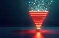 Red neon funnel glows. Data flows into funnel base. Digital marketing concept. Bright light illuminates. Abstract tech design.