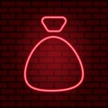 Red neon gift bag isolated on illuminated brick wall background. Illustration.