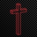 Red neon glowing Christian Cross on transparent background. Vector illustration