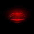 Red neon and glowing vampire mouth on a black background. Vector realistic 3d girl lips with a vampire teeth