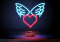 red neon heart with wings. Glowing neon heart with wings on brick wall background. Vector illustration can be used for