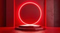 Red neon light circle on a podium stage in a dark room Royalty Free Stock Photo