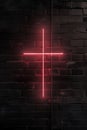 Red neon light shaped into Christian cross attached on black brick wall. Royalty Free Stock Photo