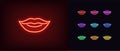 Red neon lips icon. Glowing neon woman lips sign, girl mouth