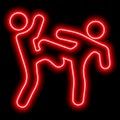 Red neon outline, two people engaged in freestyle wrestling. Athletes, fight