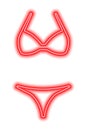 Red neon silhouette of a women's swimsuit isolated on white. Bikini Royalty Free Stock Photo