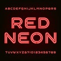 Red neon tube alphabet font. Type letters and numbers.