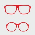 Red nerd vector glasses with thick holder - retro hipster illustration isolated on grey background.