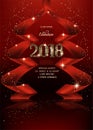 Red new year background with ribbons made in shape of christmas tree and gold letters.