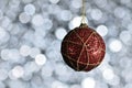 Red New Year and Christmas ball on white,silver background with Royalty Free Stock Photo