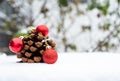 Red new year toys around isolated pine cone on blurred white background. Soft focus on wither decoration in the garden. Christmas Royalty Free Stock Photo