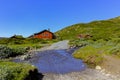Red Norwegian huts, Vavatn lake river in Hemsedal, Norway Royalty Free Stock Photo