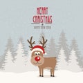 Red nose reindeer santa hat snowy winter background Royalty Free Stock Photo