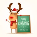 The red-nosed reindeer with message board. Isolated