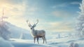 A red-nosed reindeer standing in a snowy clearing with a peaceful expression
