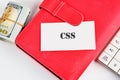 A red notebook displays a card labeled CSS next to a stack of cash and a calculator, illustrating a modern approach to