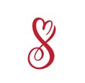 Red Number 8 eight logo of March. For congratulation calligraphy text. Lettering for Womans Day. Can use for greeting