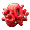 Red 30 number with glossy texture and white spheres on white background thirty Royalty Free Stock Photo